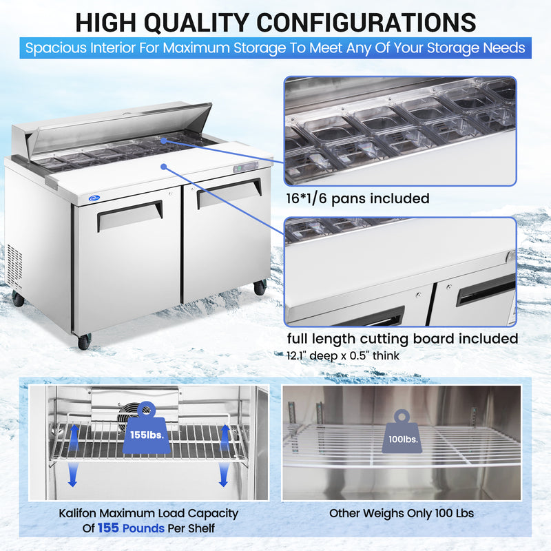 60" W 2 Door Refrigerator Sandwich Salad Prep Table Commercial Stainless Steel Fan Cooling Refrigerator with Cutting Board, 2 Shelves & 16 Pans for Restaurant, Bar, Shop-16.4 Cu.ft
