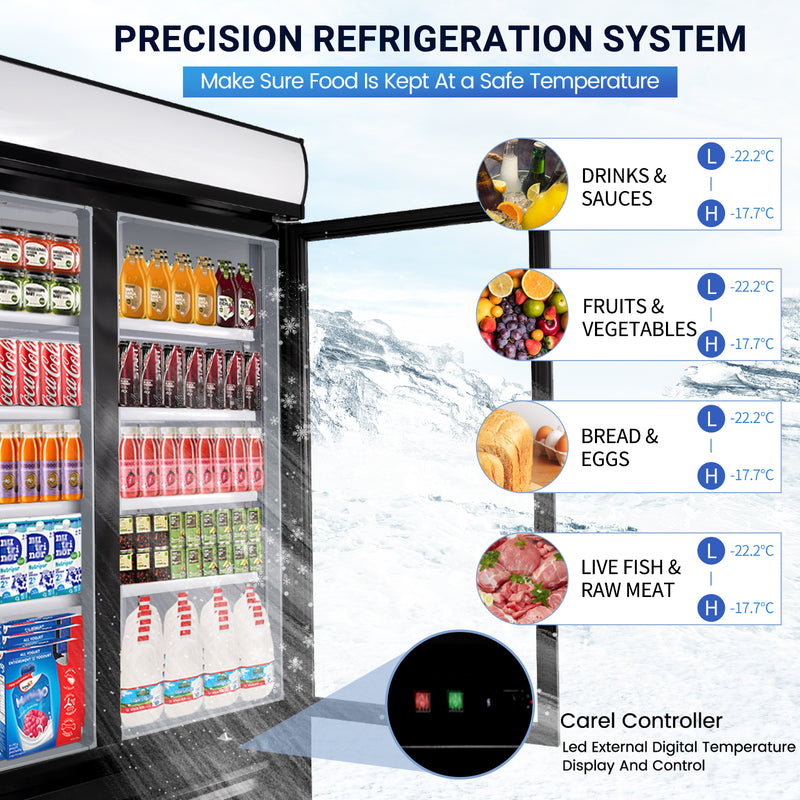 Commercial Glass 2 Door Display Refrigerator 49 Cu.Ft Beverage Cooler Merchandiser Upright with LED Light for Home Restaurant Grocery Stores